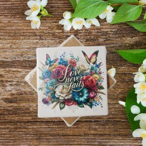 “Love Never Fails” Sandstone Coaster – 4.25” | Scott Heil of the Crowing Hen